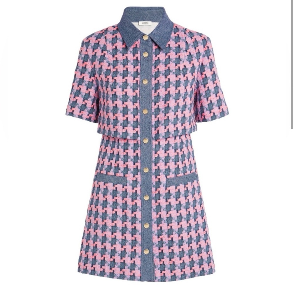Sandro Amadora Denim Trim Houndstooth Tweed Mini Dress